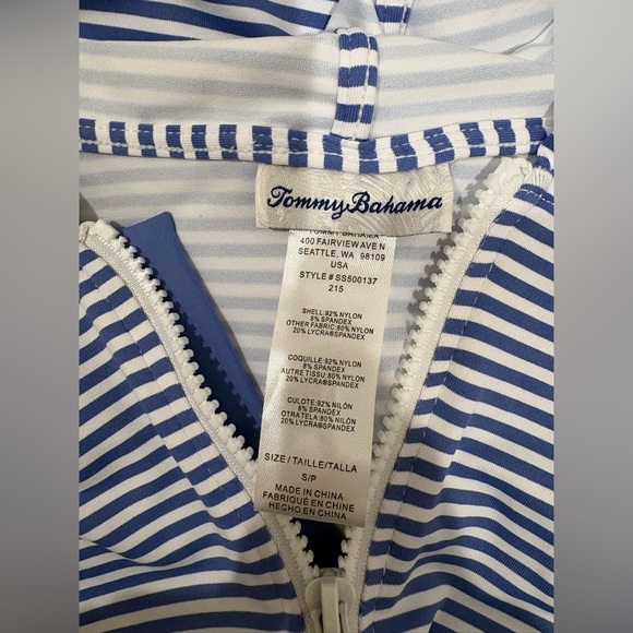 Tommy Bahama Breaker Bay Stripe Rashguard Size S Blue and White Hoodie ZipUp - Picture 2 of 7